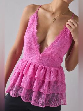 UO Kimchi Blue Antoinette Plunging Tiered Lace Babydoll Cami